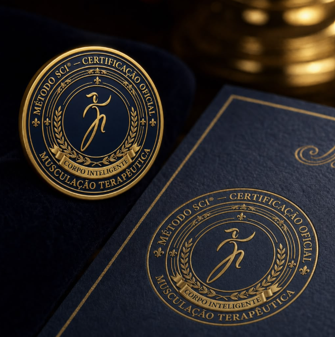 Composição ilustrativa de selo dourado e material impresso do Método SCI